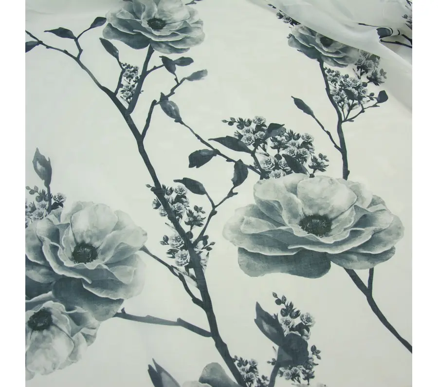 Perdea cu flori mari, gri, negru, keten, 1703