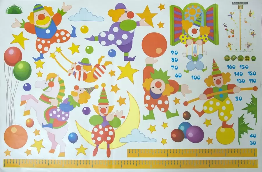 Set sticker perete, masurator inaltime pentru copii cu clovni - 374629